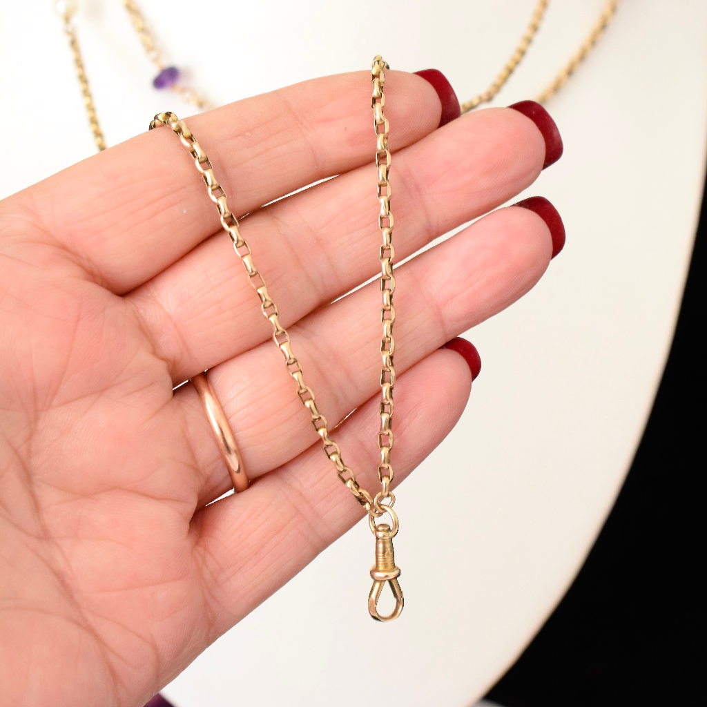 Antique Late Victorian / Edwardian 9ct Rose Gold Amethyst And Pearl Long Guard Chain Circa 1900
