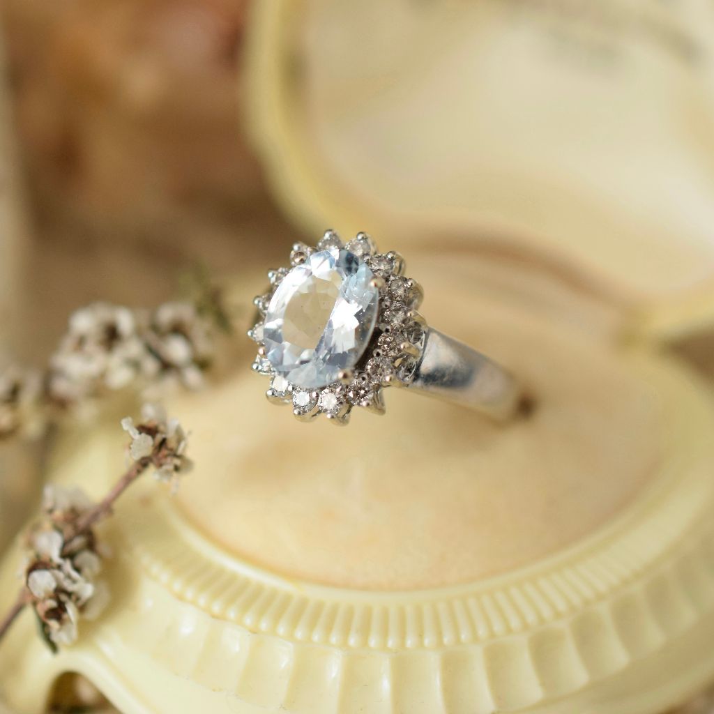 Modern 18ct White Gold Aquamarine And Diamond Ring
