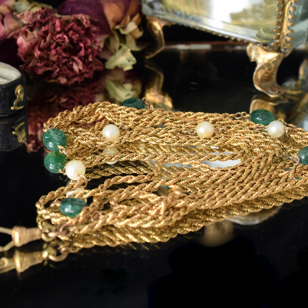 Antique Edwardian **Gold Filled** Emerald And Pearl Long Guard Chain Circa 1920