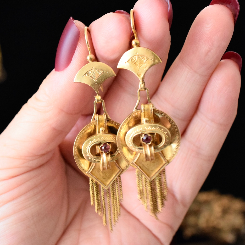 Antique Victorian 18ct Yellow Gold Garnet Fringe Earrings Circa 1880