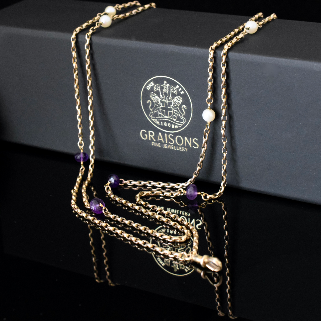 Antique Late Victorian / Edwardian 9ct Rose Gold Amethyst And Pearl Long Guard Chain Circa 1900