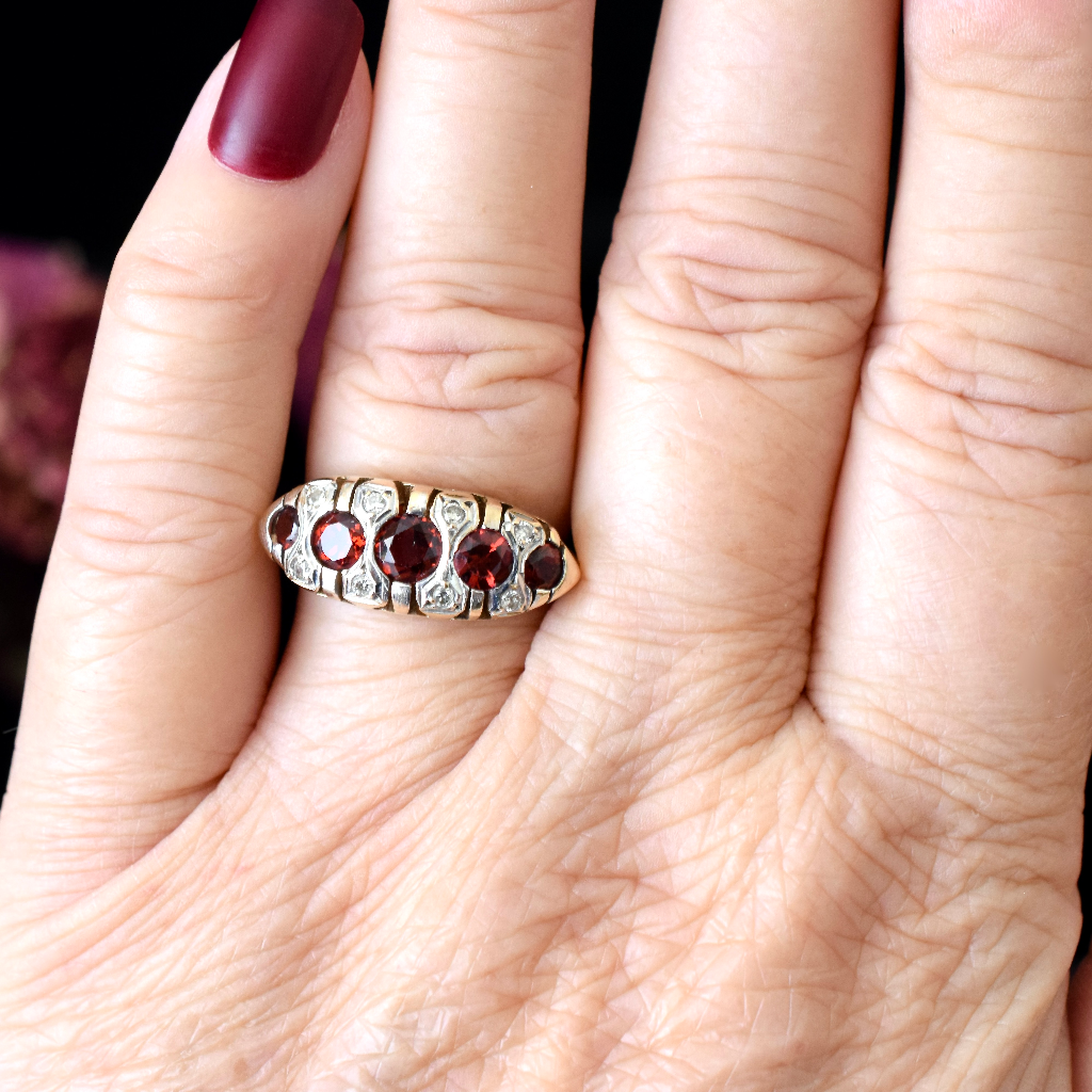 Modern 9ct Yellow Gold Five Stone Garnet And Diamond Ring