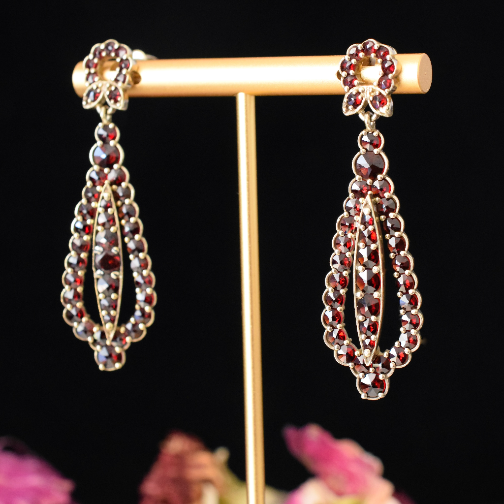 Vintage Bohemian Garnet Earrings Czech European 900 Silver Gilt Circa 1957