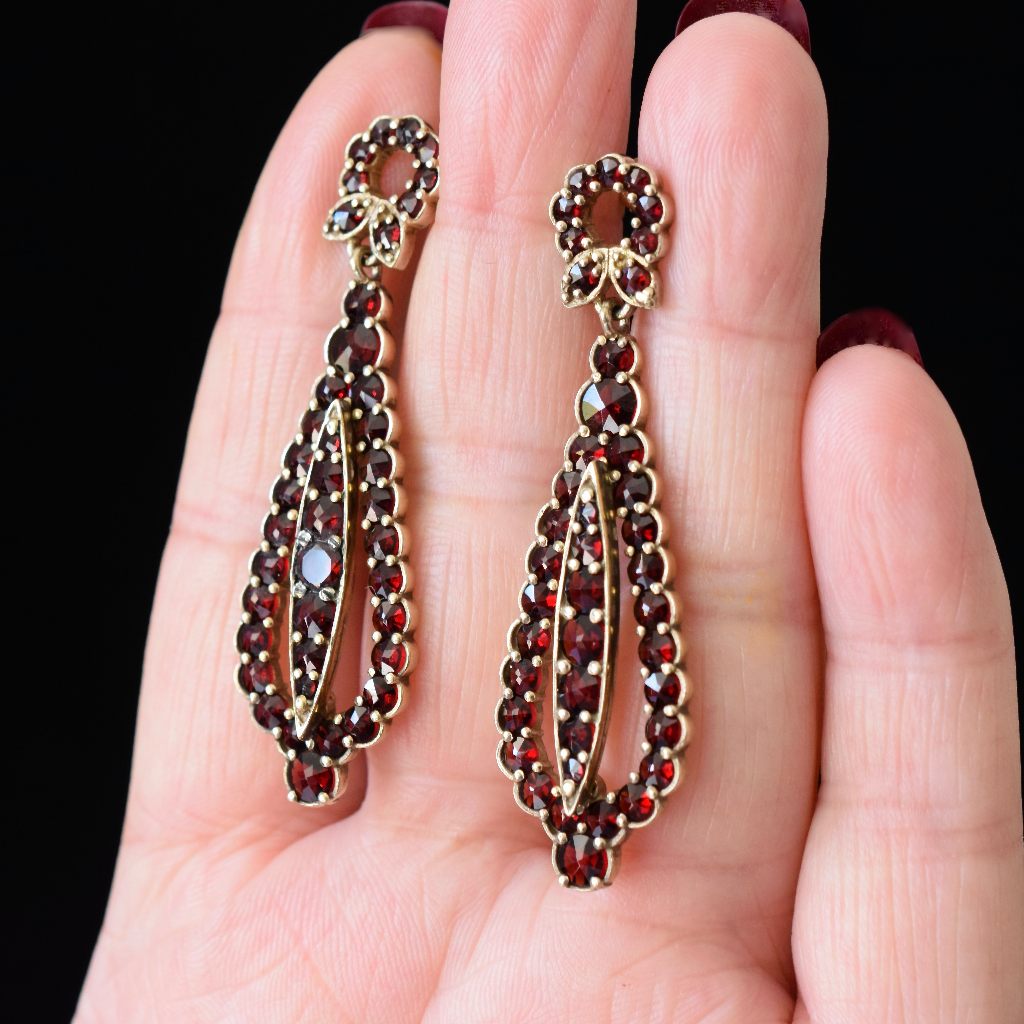 Vintage Bohemian Garnet Earrings Czech European 900 Silver Gilt Circa 1957