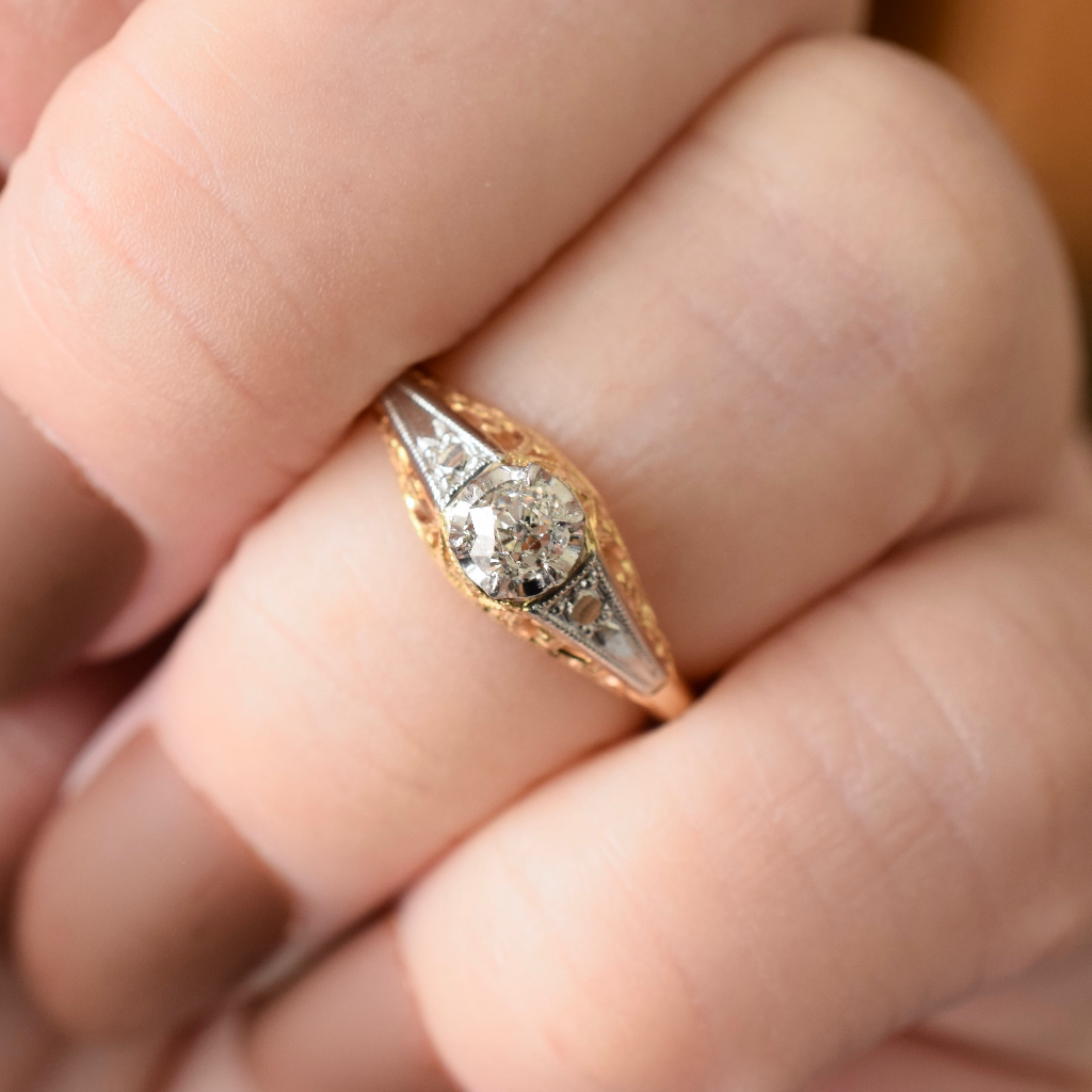 Antique Late Art Deco Era 18ct Yellow Gold - Platinum And Diamond Ring Circa 1940