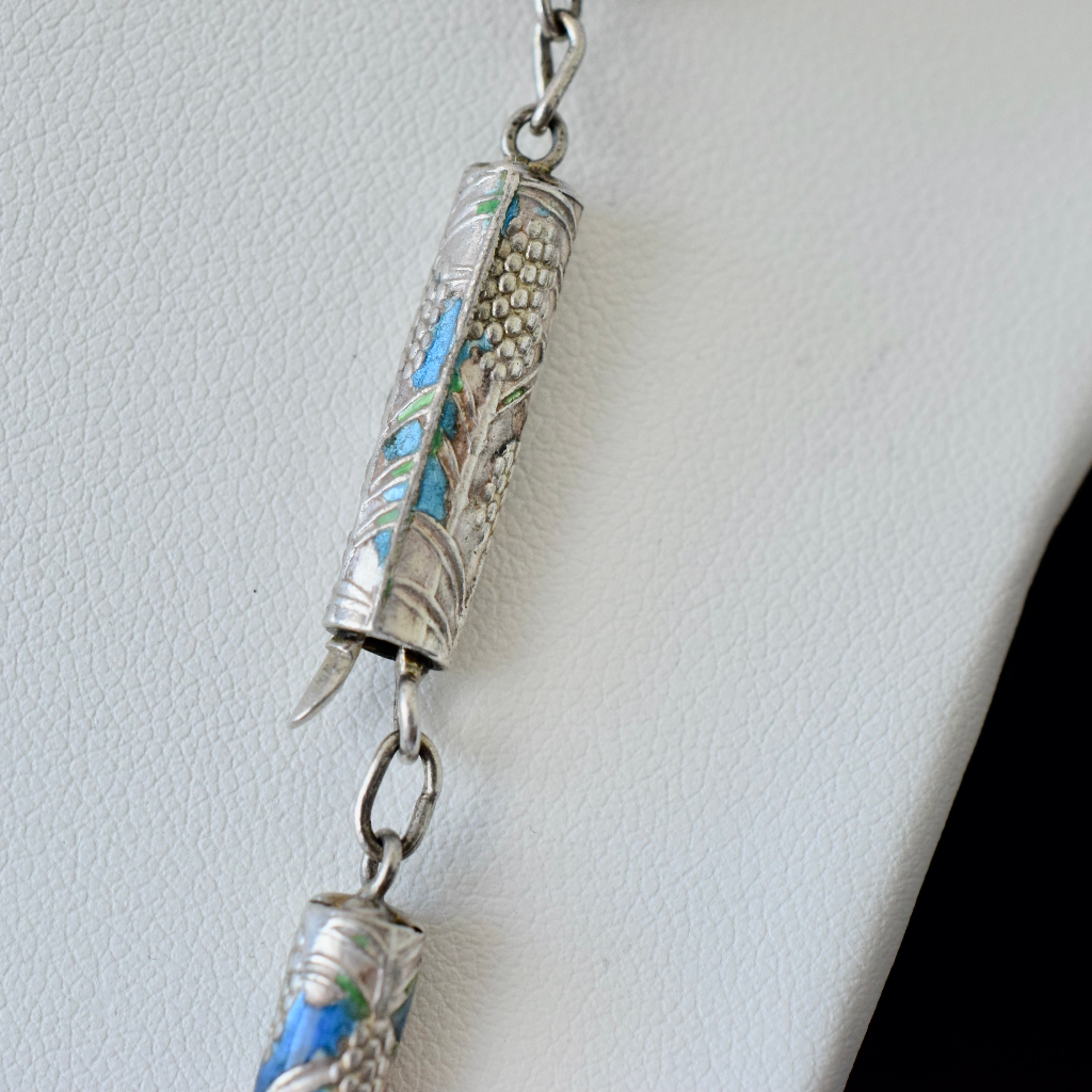 Vintage Sterling Silver And Cloisonné Long Chain 80cm