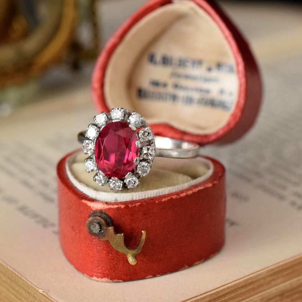 Vintage 18ct White Gold Diamond And Lab Ruby Cluster Ring