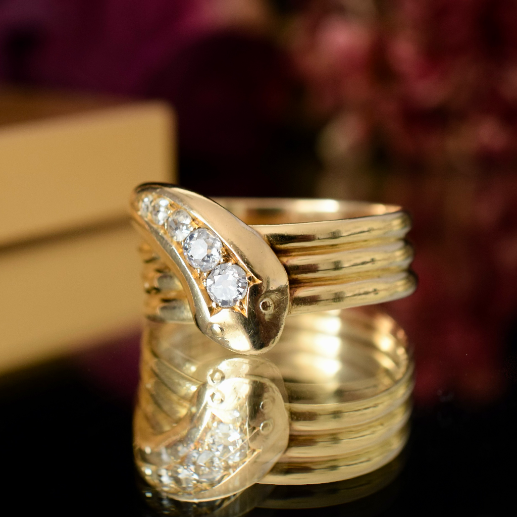 Antique Edwardian 18ct Yellow Gold And Diamond Snake Ring - Birmingham 1910