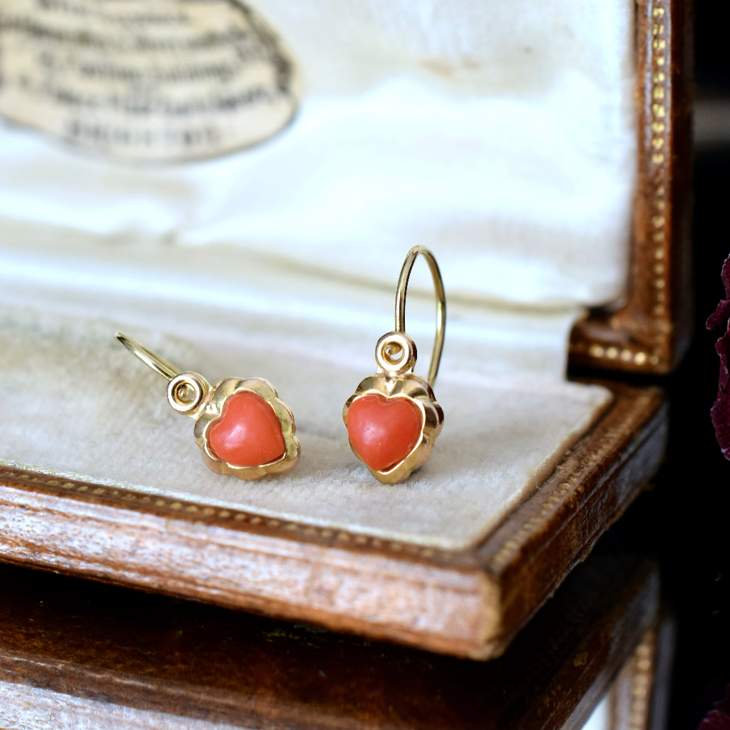 Vintage Tiny 8ct Yellow Gold (German) Coral Heart Earrings