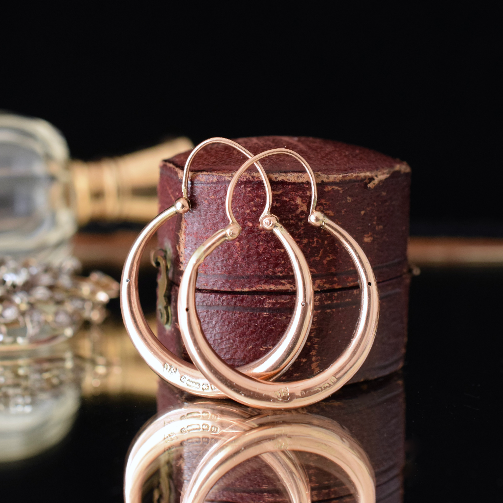 Antique Art Deco Era 9ct Rose Gold Hoop Earrings by Joseph Smith & Sons Birmingham 1919