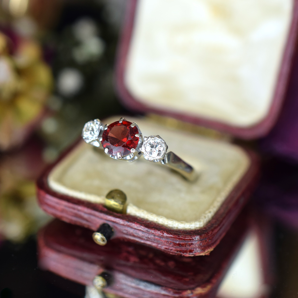 Antique/Vintage 18ct White Gold Garnet And Diamond Trilogy Ring