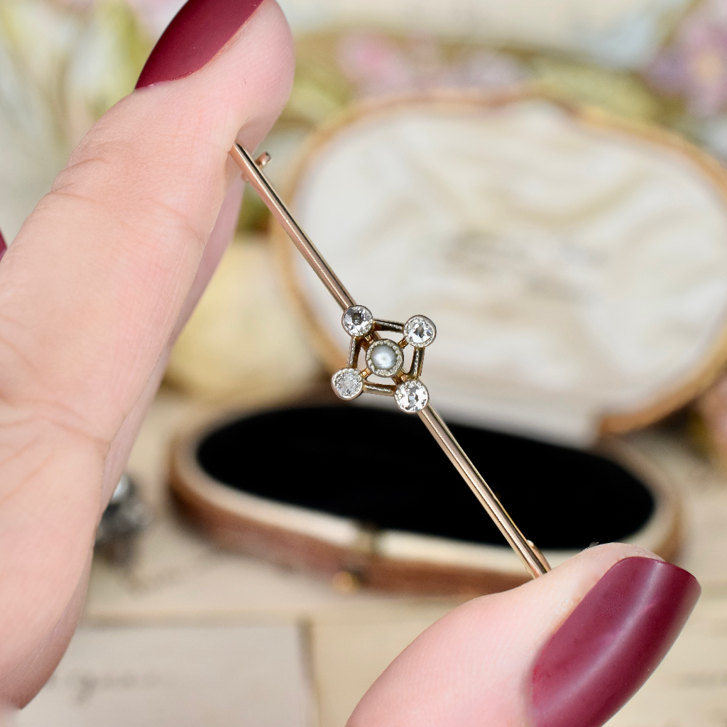 Antique Edwardian 15ct Rose Gold Pearl And Diamond Bar Brooch