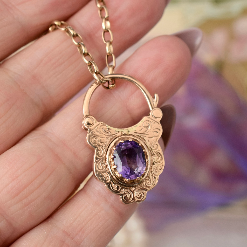 Modern 9ct Rose Gold And Amethyst Padlock Clasp