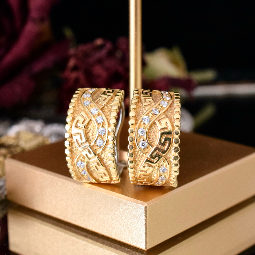 Modern 18ct Yellow Gold Greek Key Diamond Earrings Independent Valuation Included In Purchase For $4,500 AUD
