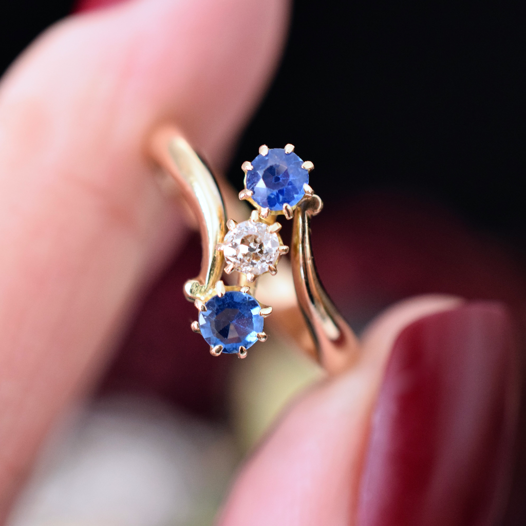 Early Australian Antique Edwardian Era 18ct Gold Sapphire And Diamond Trilogy Ring By A.Benjamin