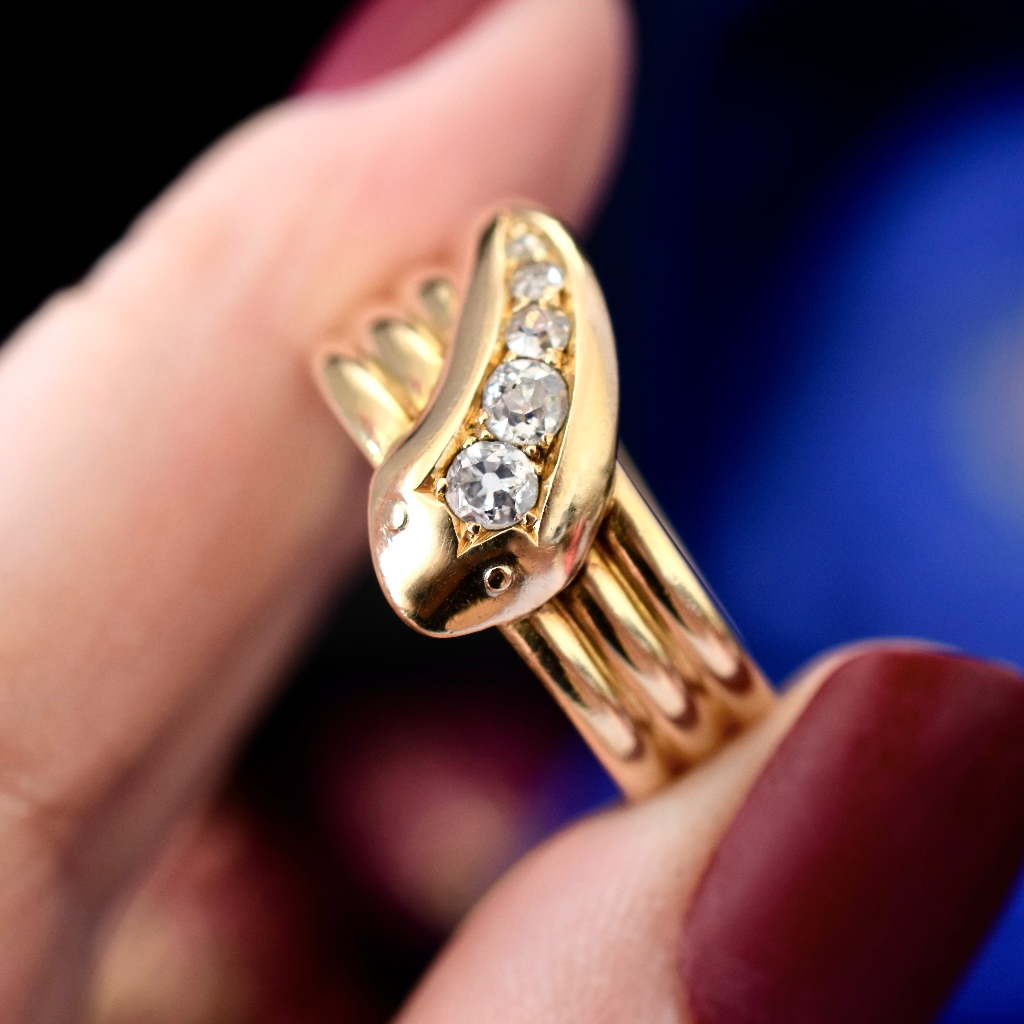 Antique Edwardian 18ct Yellow Gold And Diamond Snake Ring - Birmingham 1910