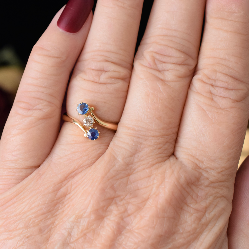 Early Australian Antique Edwardian Era 18ct Gold Sapphire And Diamond Trilogy Ring By A.Benjamin
