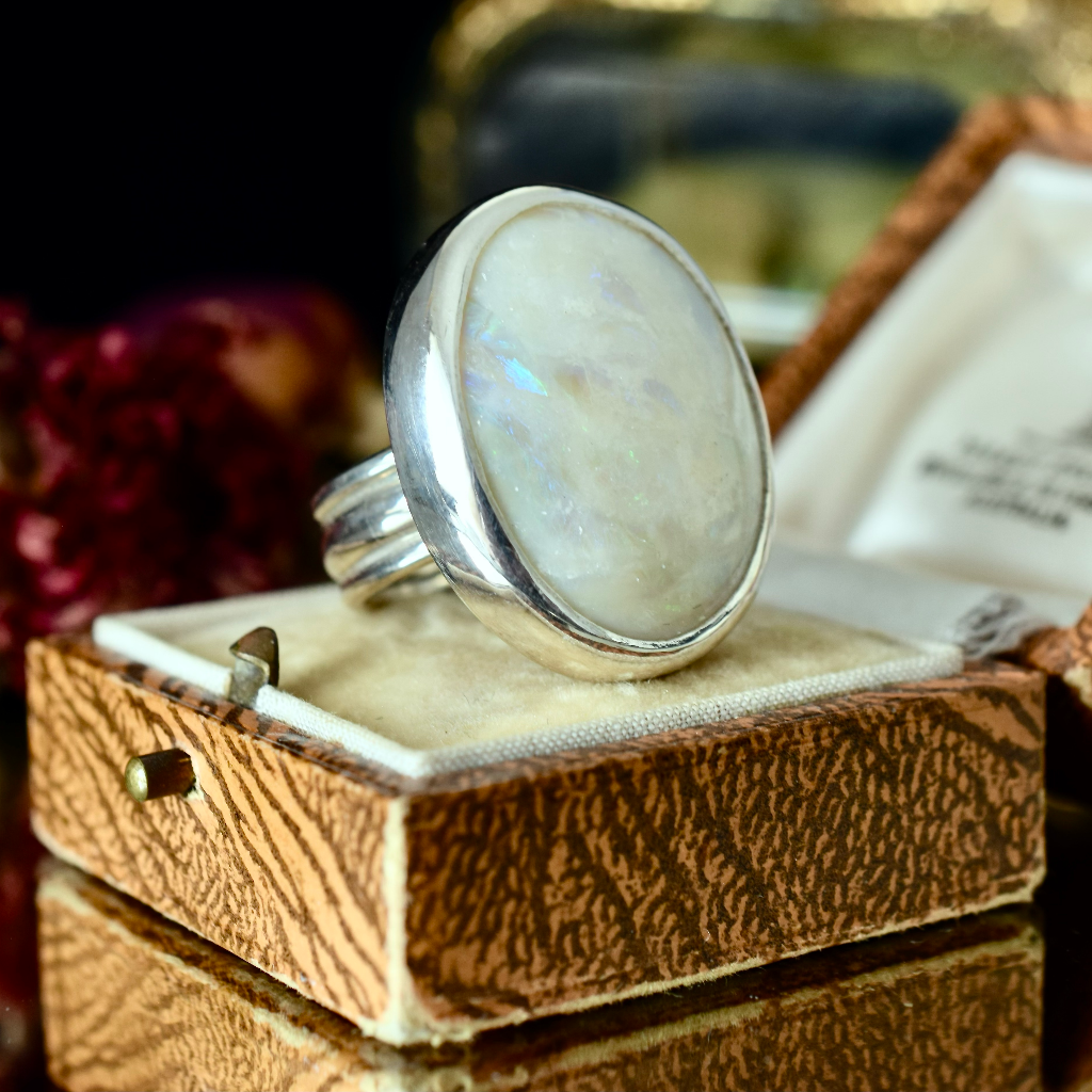 Modern Sterling Silver Solid White Coober Pedy Opal Ring By Tony Kean