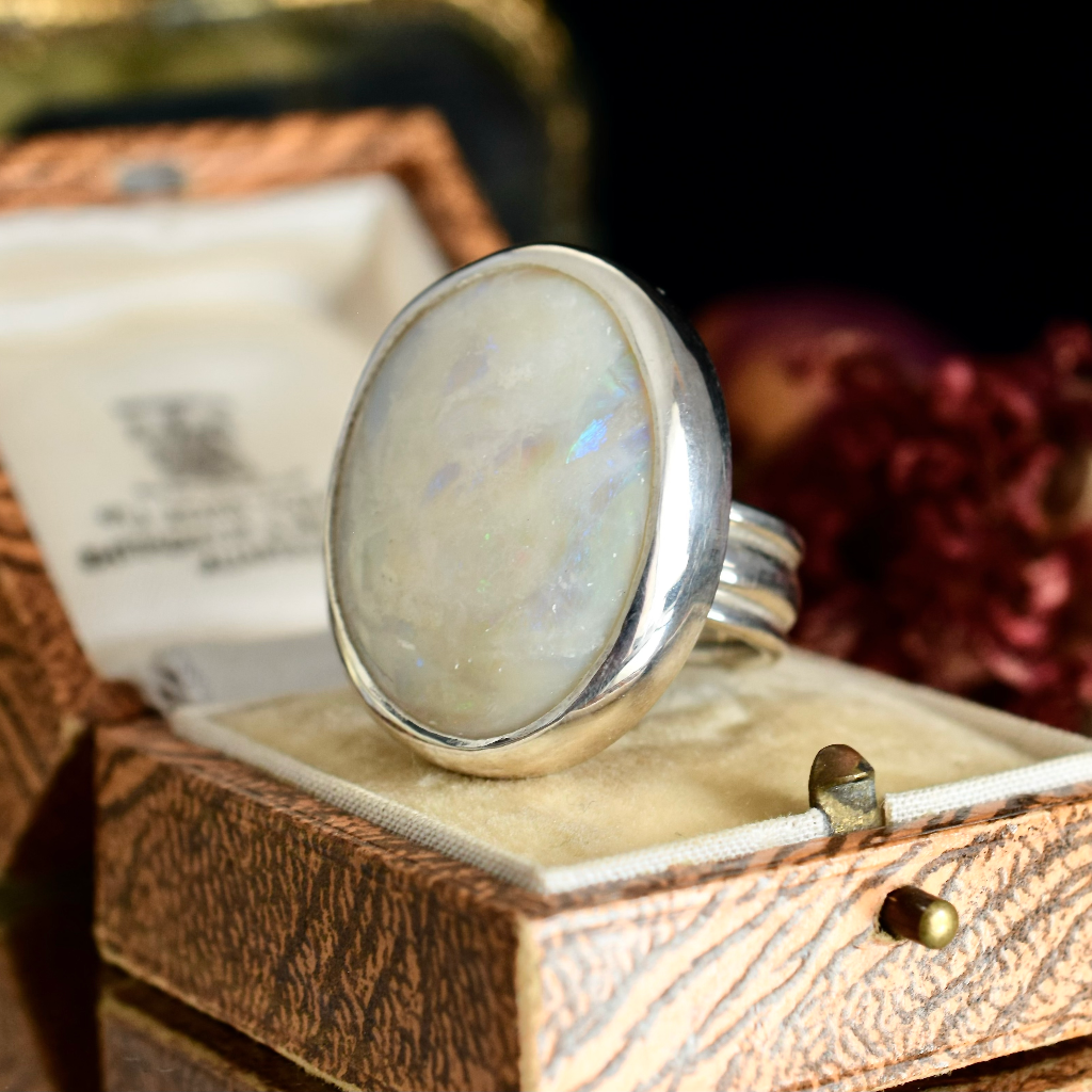 Modern Sterling Silver Solid White Coober Pedy Opal Ring By Tony Kean