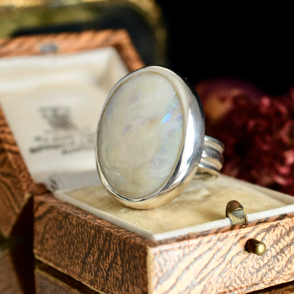 Modern Sterling Silver Solid White Coober Pedy Opal Ring By Tony Kean