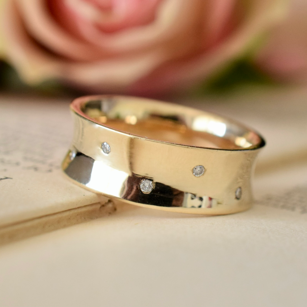 Modern 9ct Yellow Gold And Diamond Concave Wide Ring
