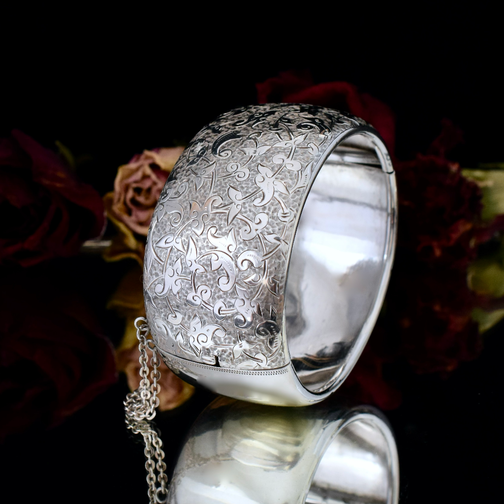 Antique Edwardian Era Sterling Silver Wide Floral Hinged Bangle