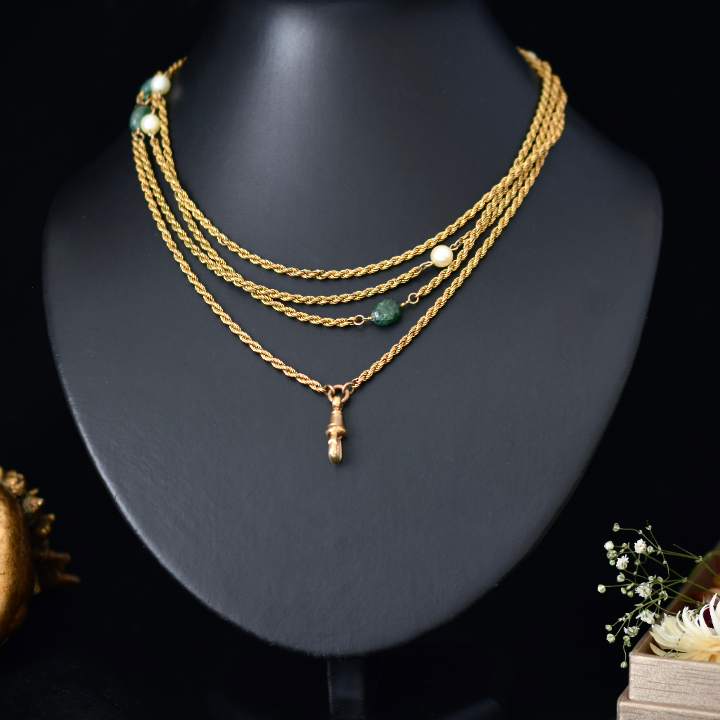 Antique Edwardian **Gold Filled** Emerald And Pearl Long Guard Chain Circa 1920
