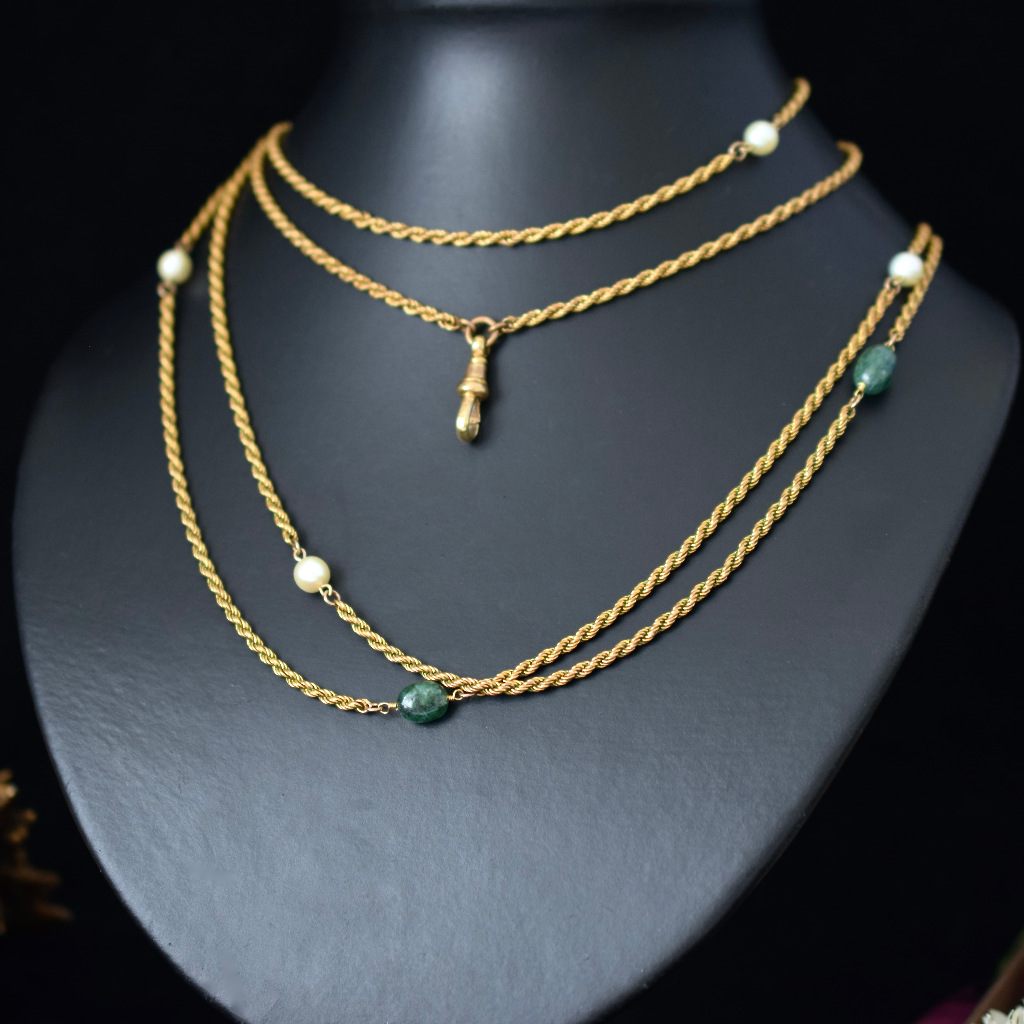 Antique Edwardian **Gold Filled** Emerald And Pearl Long Guard Chain Circa 1920