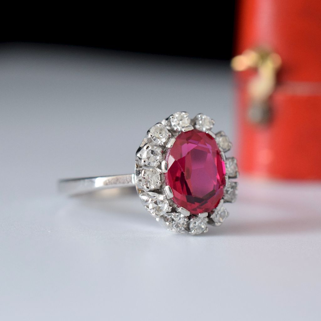 Vintage 18ct White Gold Diamond And Lab Ruby Cluster Ring