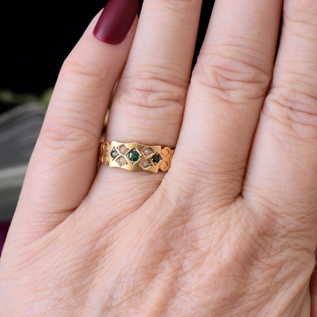 Antique Australian 15ct Gold Green Tourmaline And Pearl Ring By Willis And Sons Circa 1910