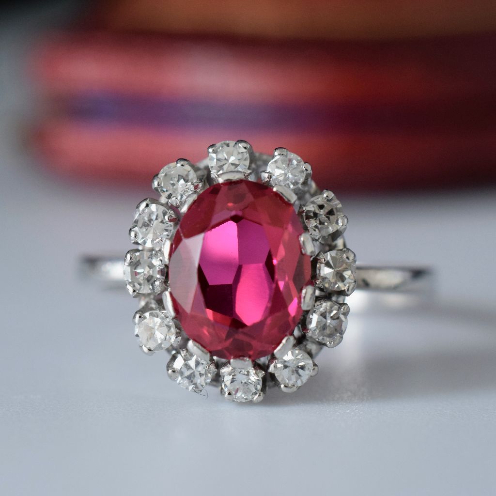 Vintage 18ct White Gold Diamond And Lab Ruby Cluster Ring