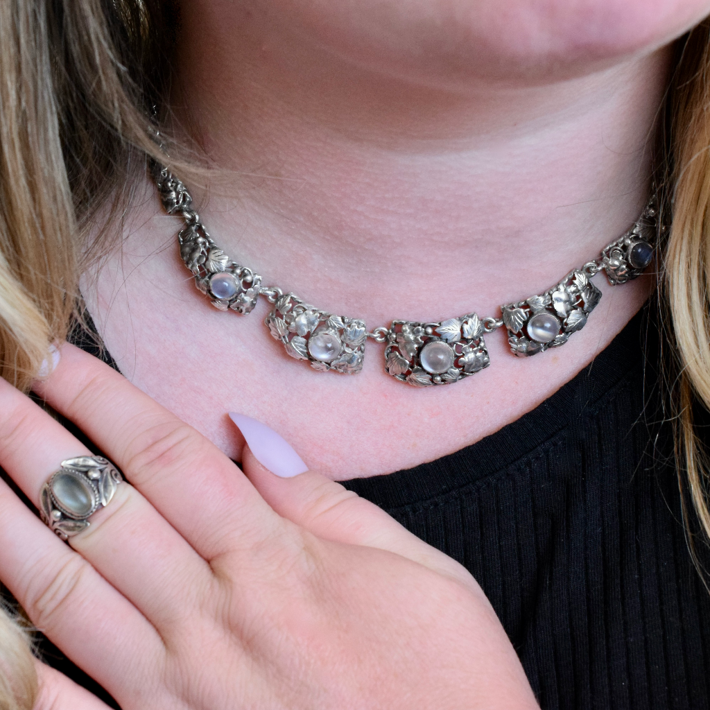Vintage **Arts And Crafts Sterling Silver And Moonstone Necklace - Possibly By Dorothy Wager
