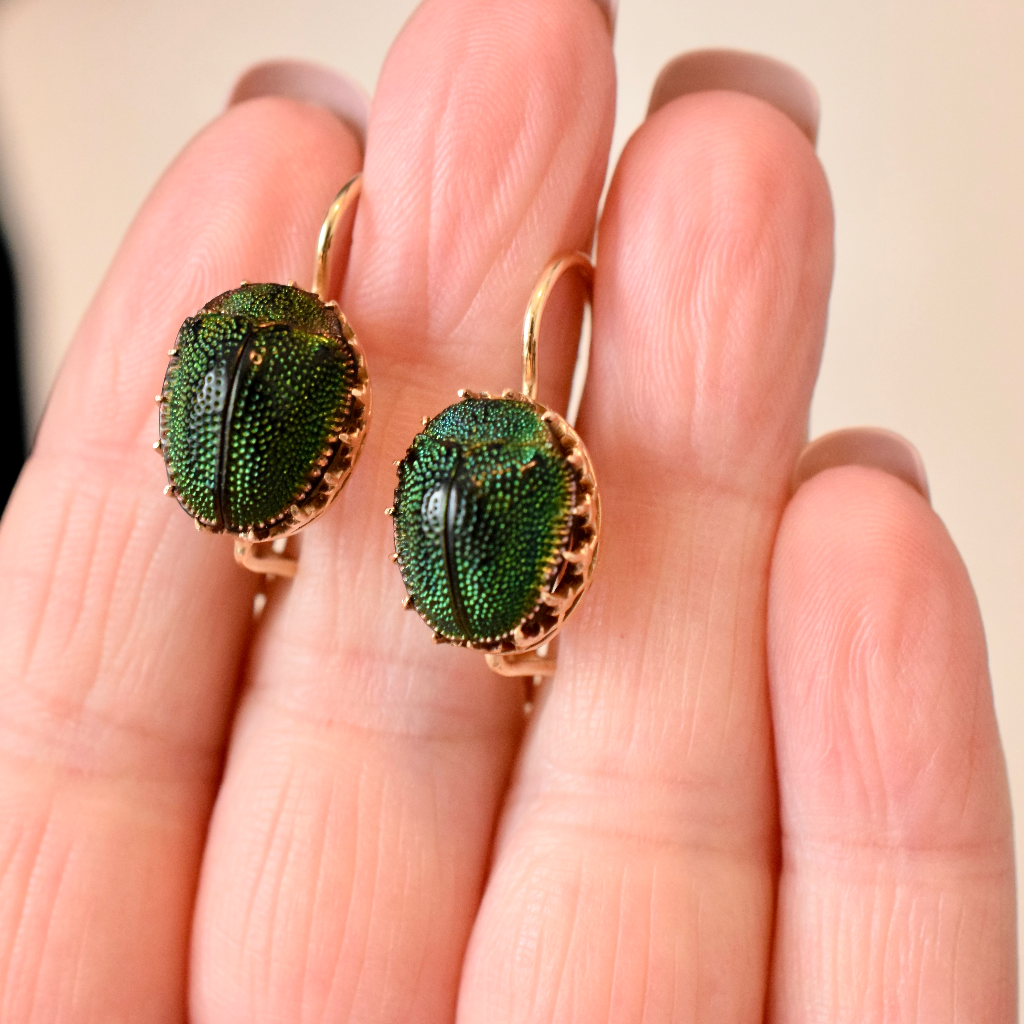 Antique Victorian 9ct Rose Gold Scarab Beetle Earrings Circa 1890