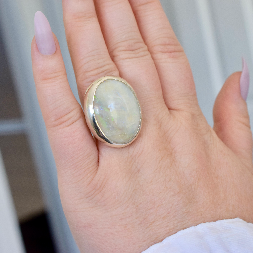 Modern Sterling Silver Solid White Coober Pedy Opal Ring By Tony Kean