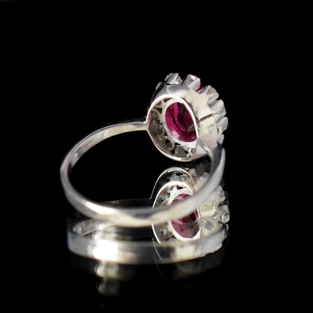 Vintage 18ct White Gold Diamond And Lab Ruby Cluster Ring