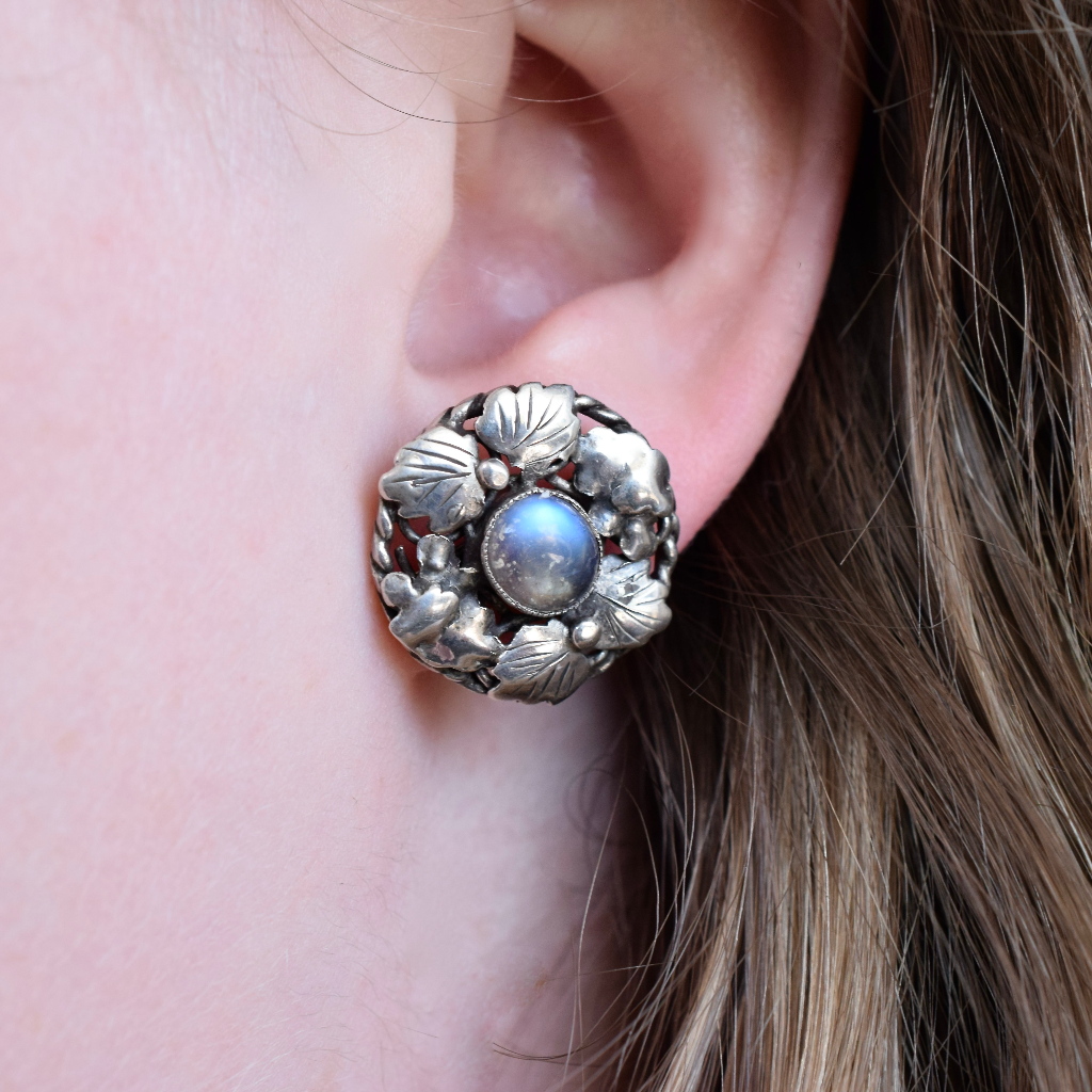 Vintage **Arts & Crafts Sterling Silver And Moonstone Earrings - Possibly By Dorothy Wager