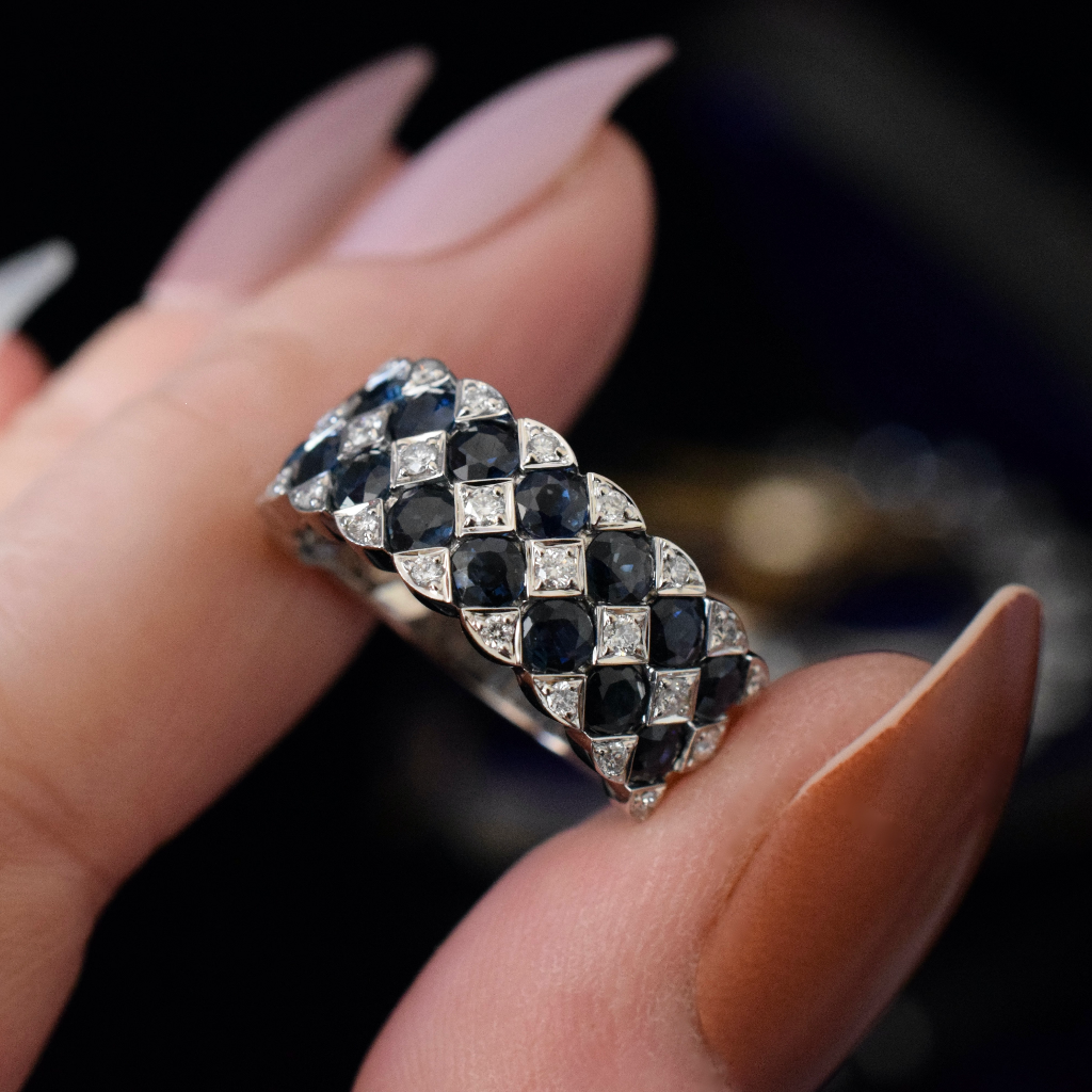 Modern 14ct White Gold Sapphire And Diamond Ring Independent Valuation Included For $5,200 AUD