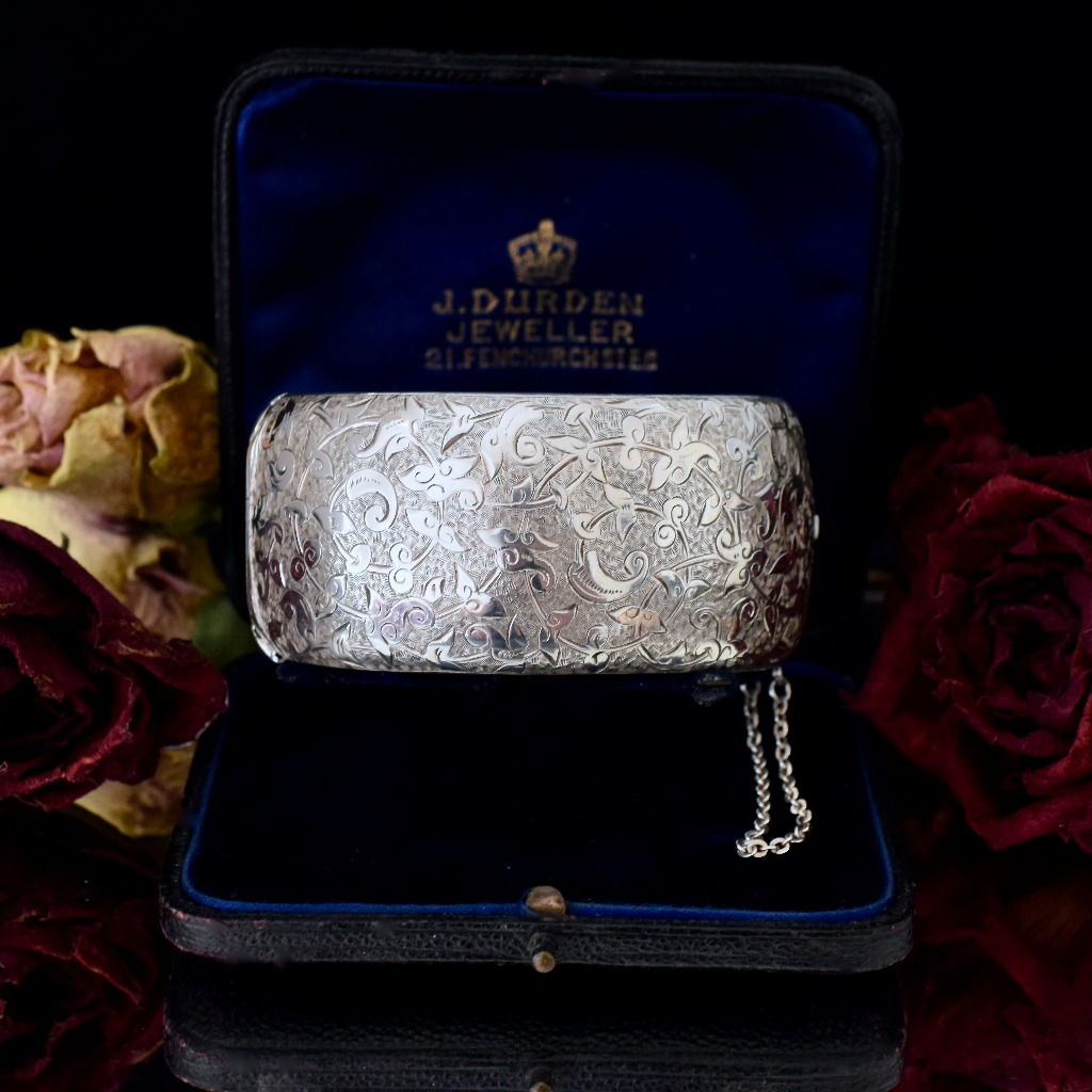 Antique Edwardian Era Sterling Silver Wide Floral Hinged Bangle