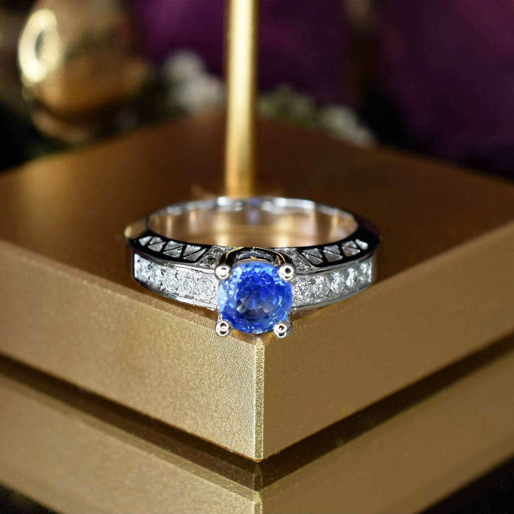 Modern 18ct White Gold Ceylon Sapphire And Diamond Ring Independent Valuation Included In Purchase For $4,850 AUD