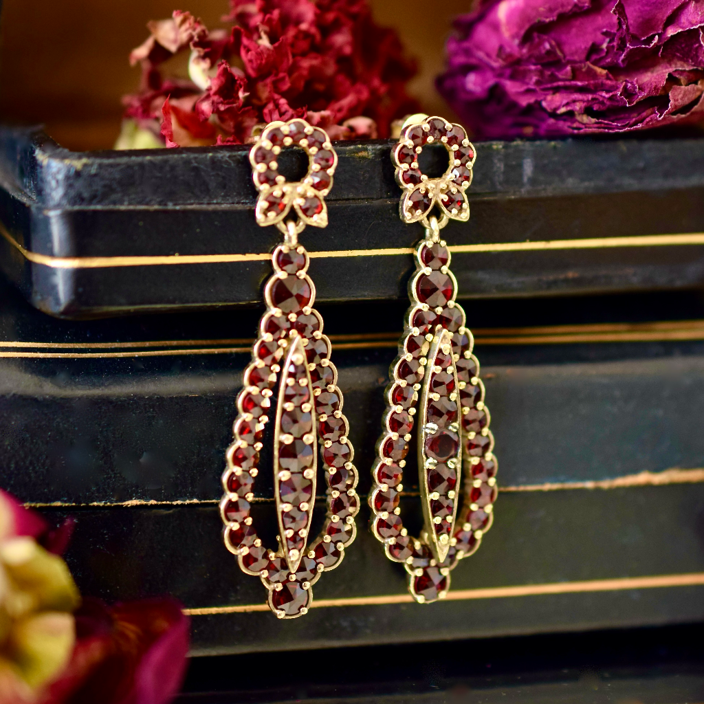 Vintage Bohemian Garnet Earrings Czech European 900 Silver Gilt Circa 1957