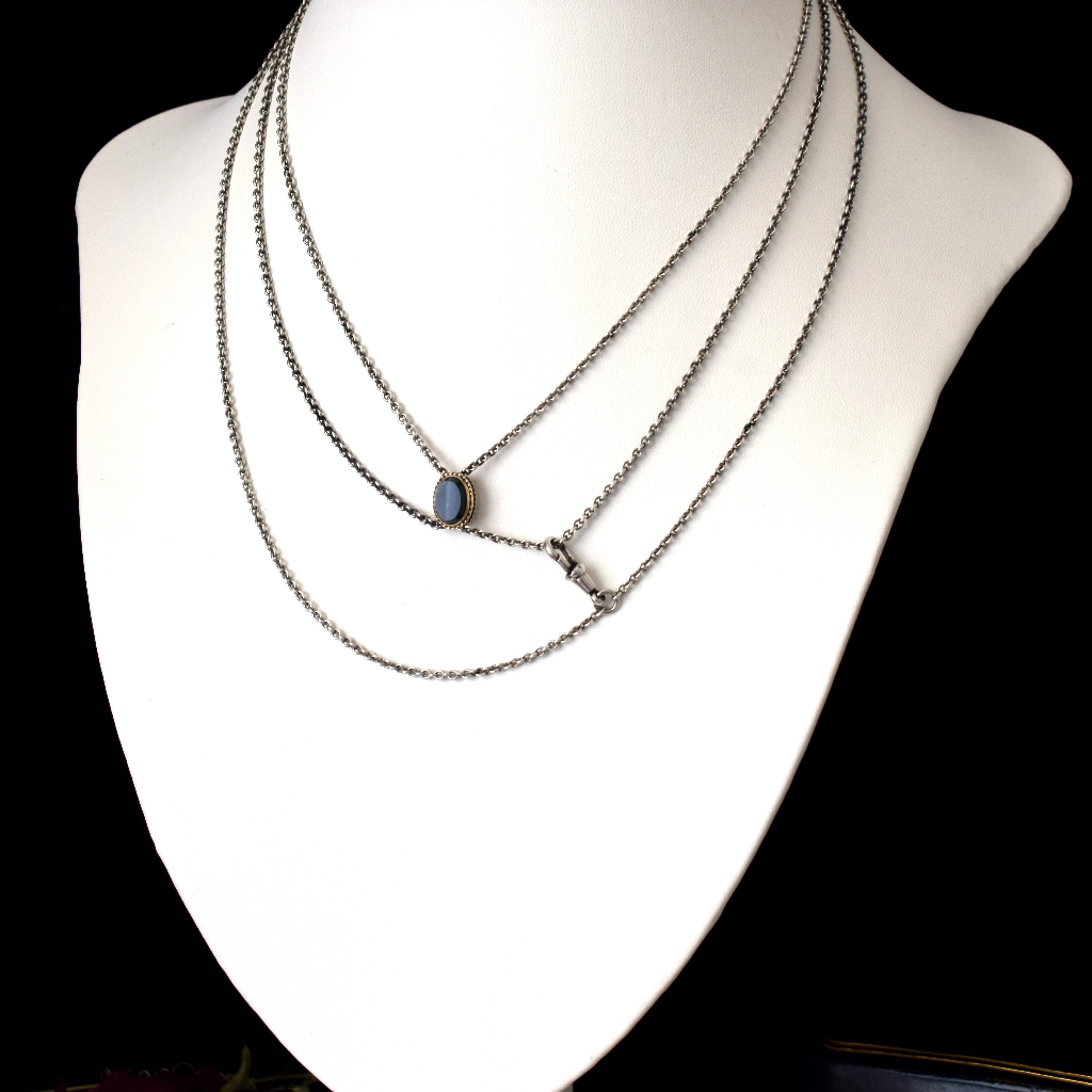 Antique Sterling Silver Long Guard Slide Chain With 9ct Bloodstone Slide Circa 1900