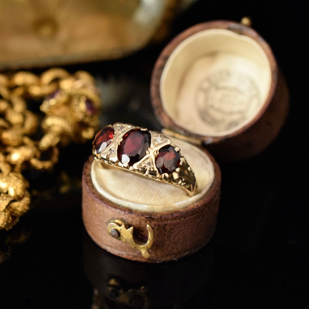 Vintage 9ct Yellow gold Garnet And Diamond Ring London 1973