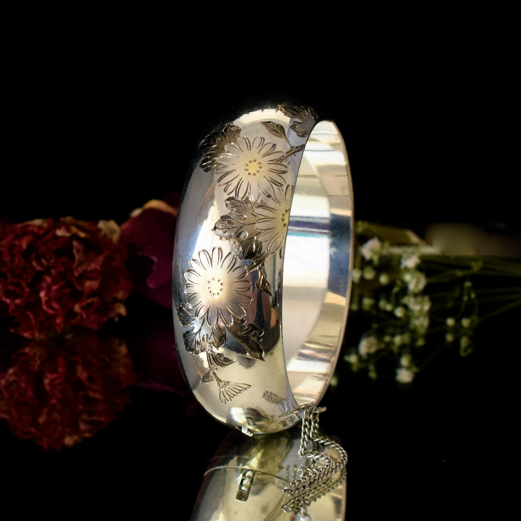 Vintage Sterling Silver Floral Wide Bangle Circa 1980’s