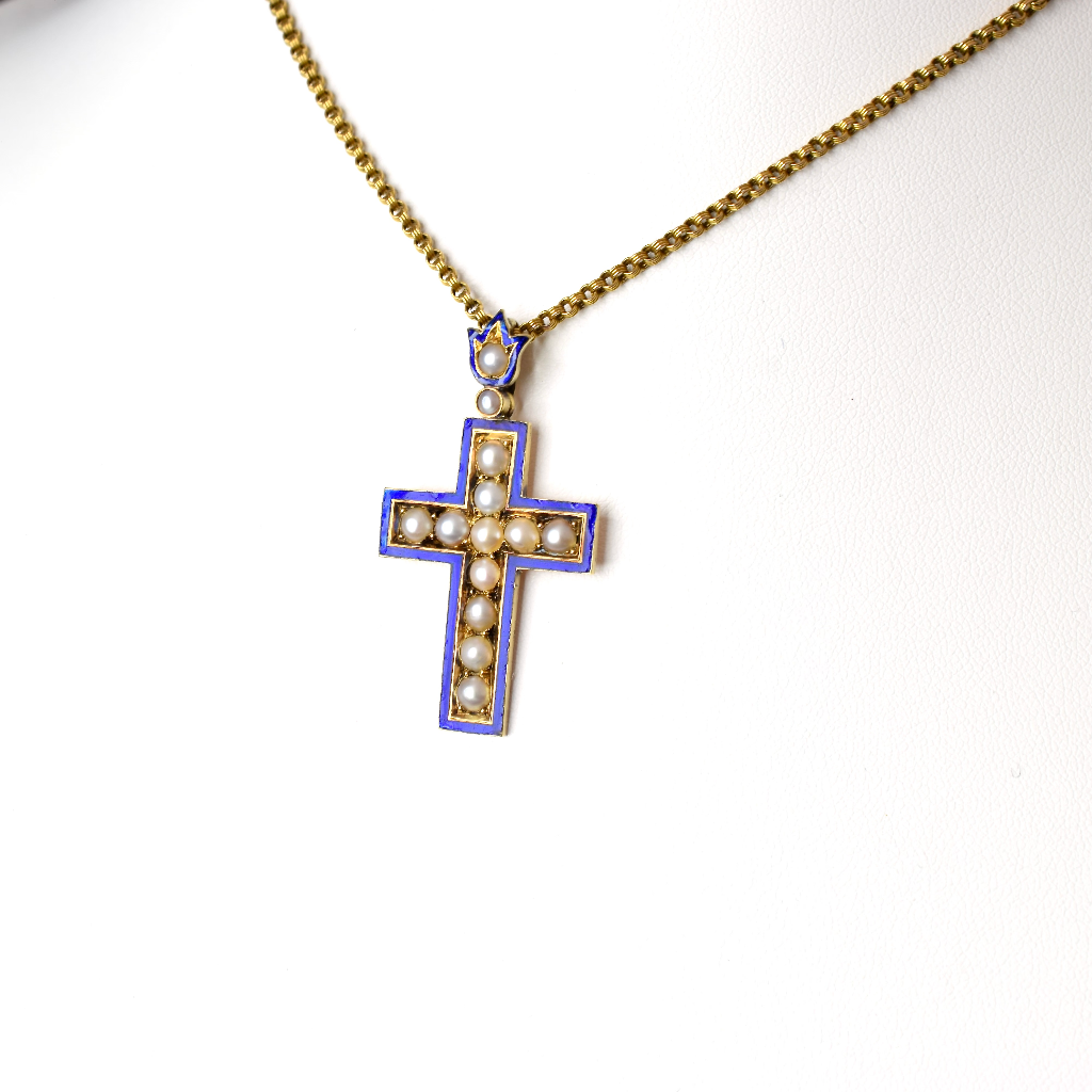 Antique Victorian 15ct Yellow Gold Blue Enamel And Pearl Cross Circa 1870-1890