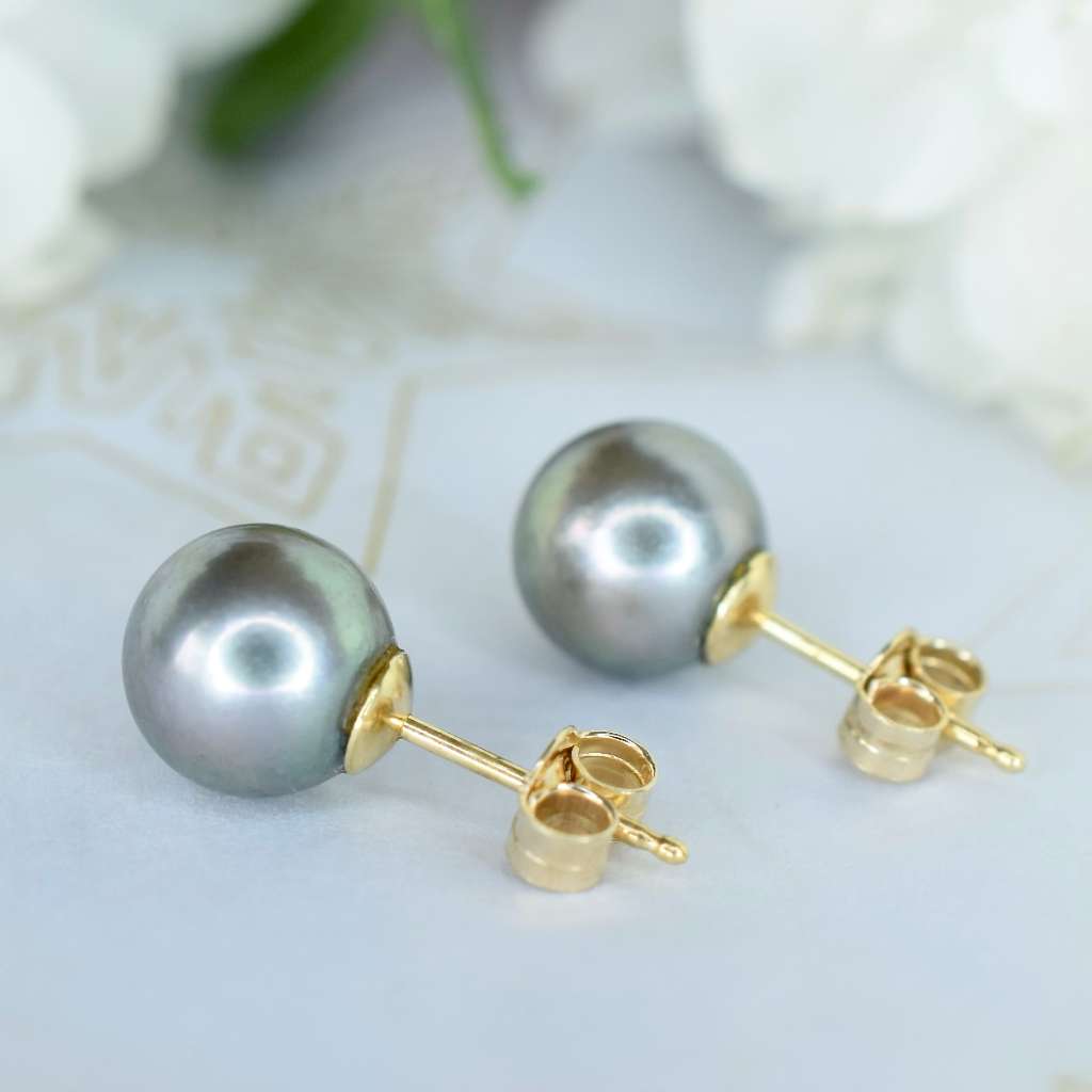 Modern 18ct Yellow Gold Round Tahitian Pearl Stud Earrings