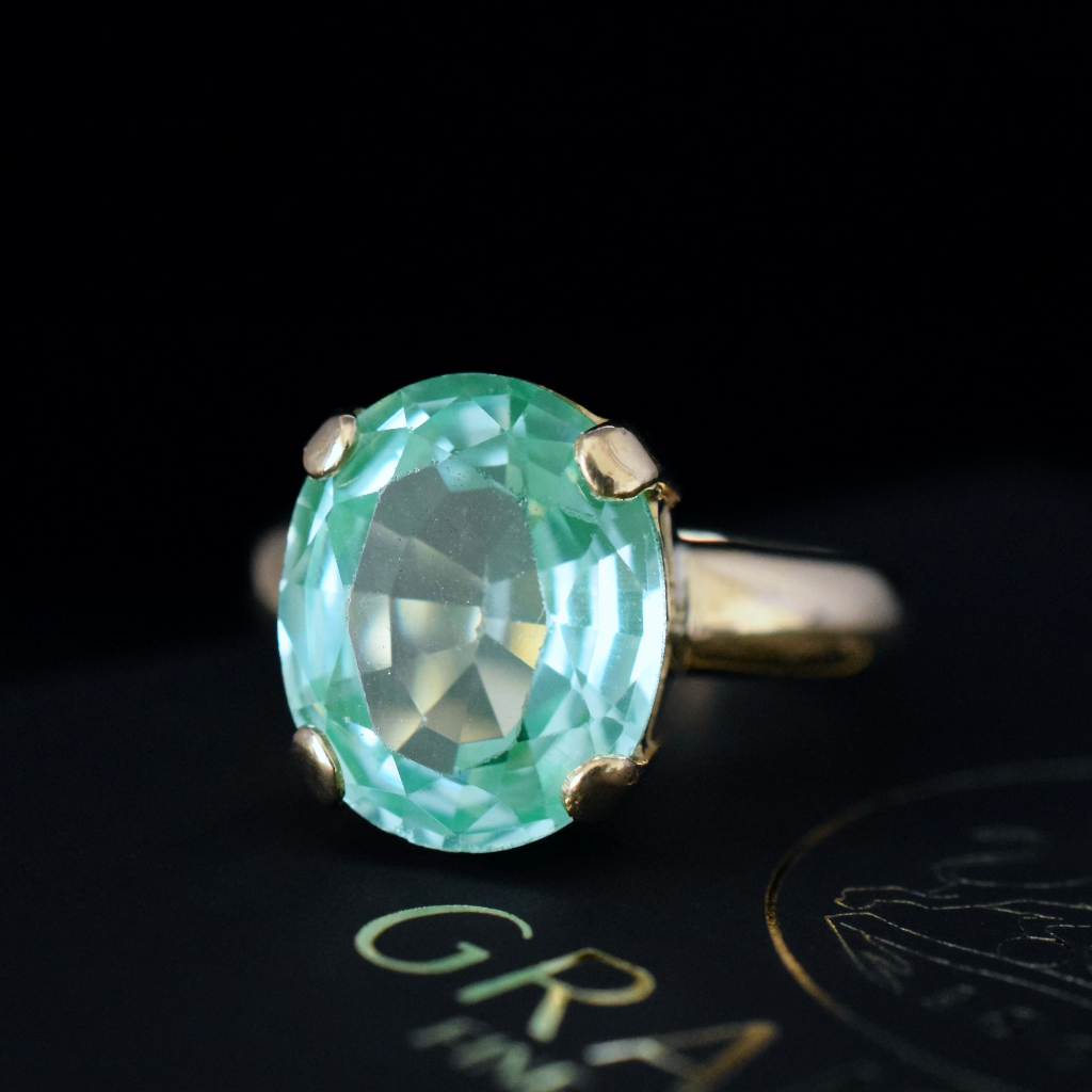 Vintage 9ct Yellow Gold Faceted Oval ‘Uranium’ Glass Ring