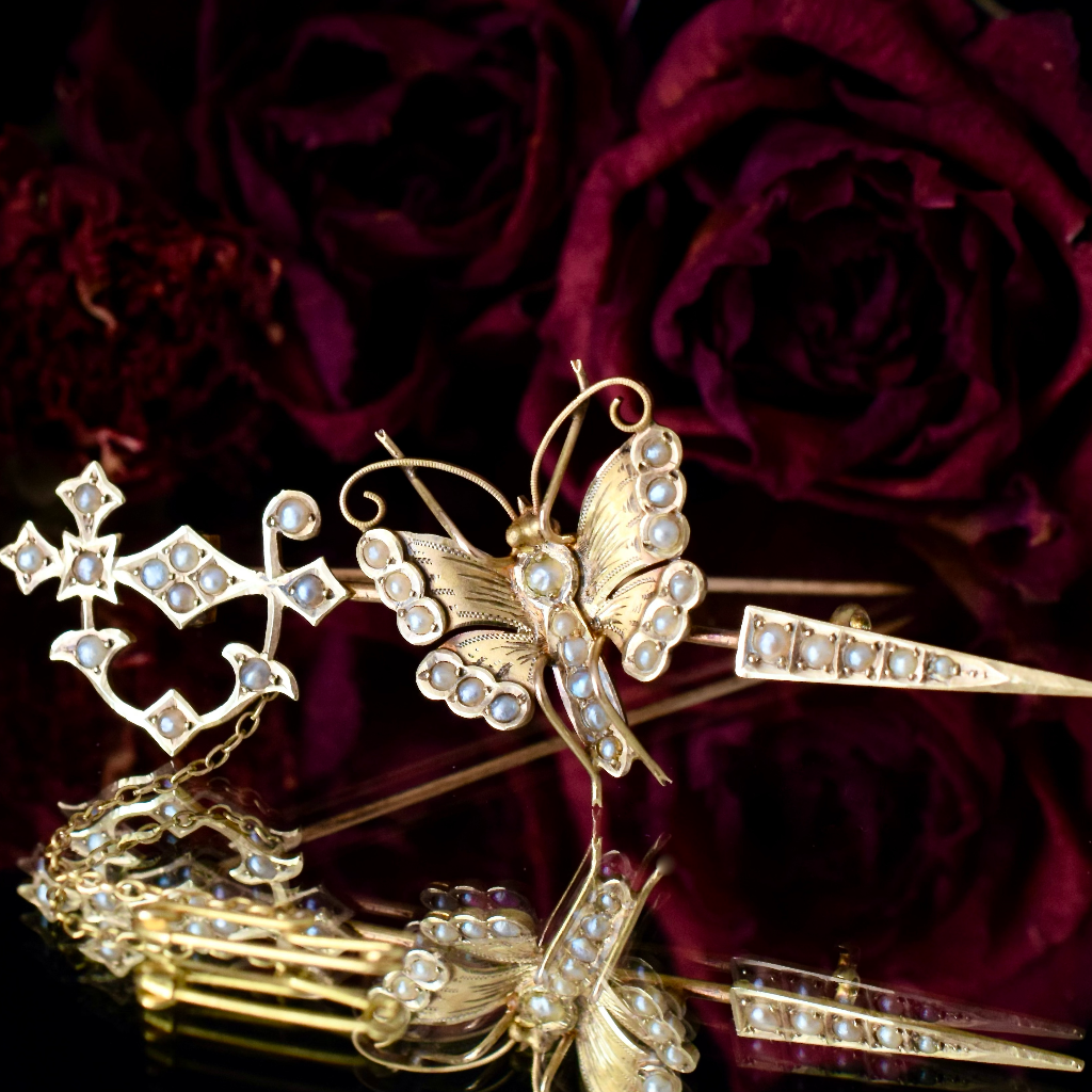 Antique Australian Willis and Sons 15ct Gold Seed Pearl Butterfly Arrow Brooch Circa 1910