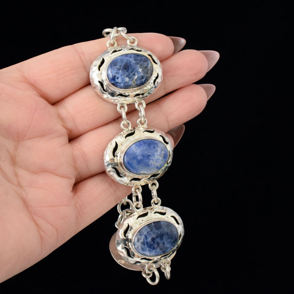 Modern Sterling Silver And Sodalite Matching Necklace And Bracelet Set