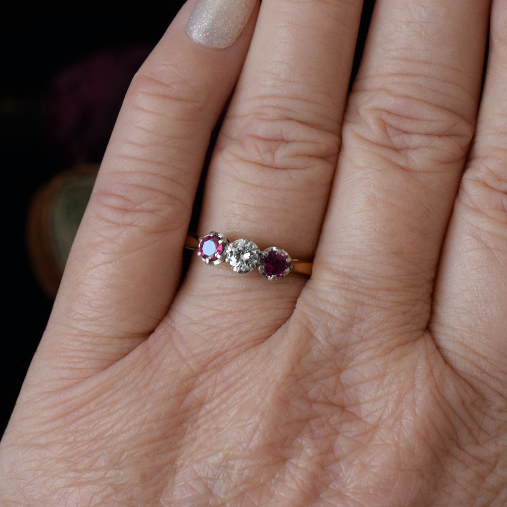 Modern 18ct Yellow Gold Ruby And Diamond Trilogy Ring Independent Valuation Included For $7000 AUD