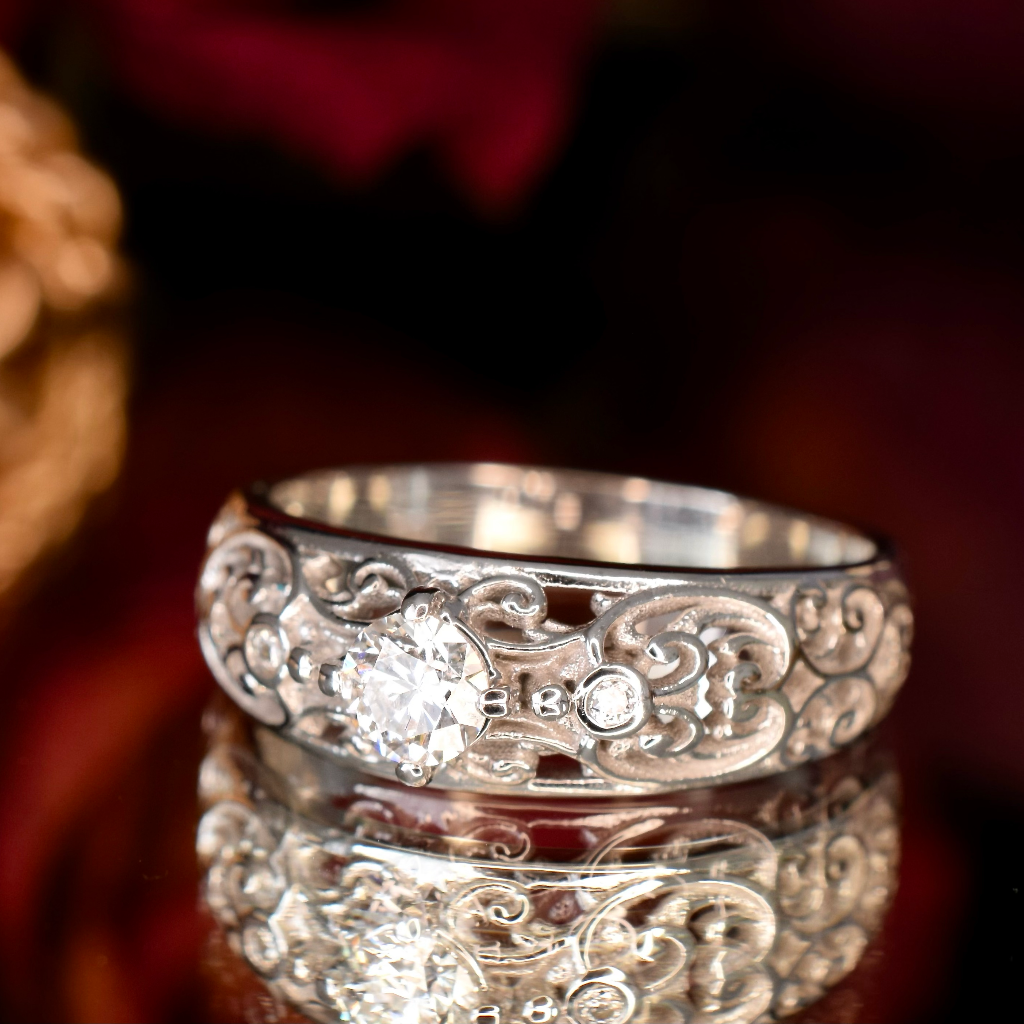 Modern 18ct White Gold Filigree Diamond Ring